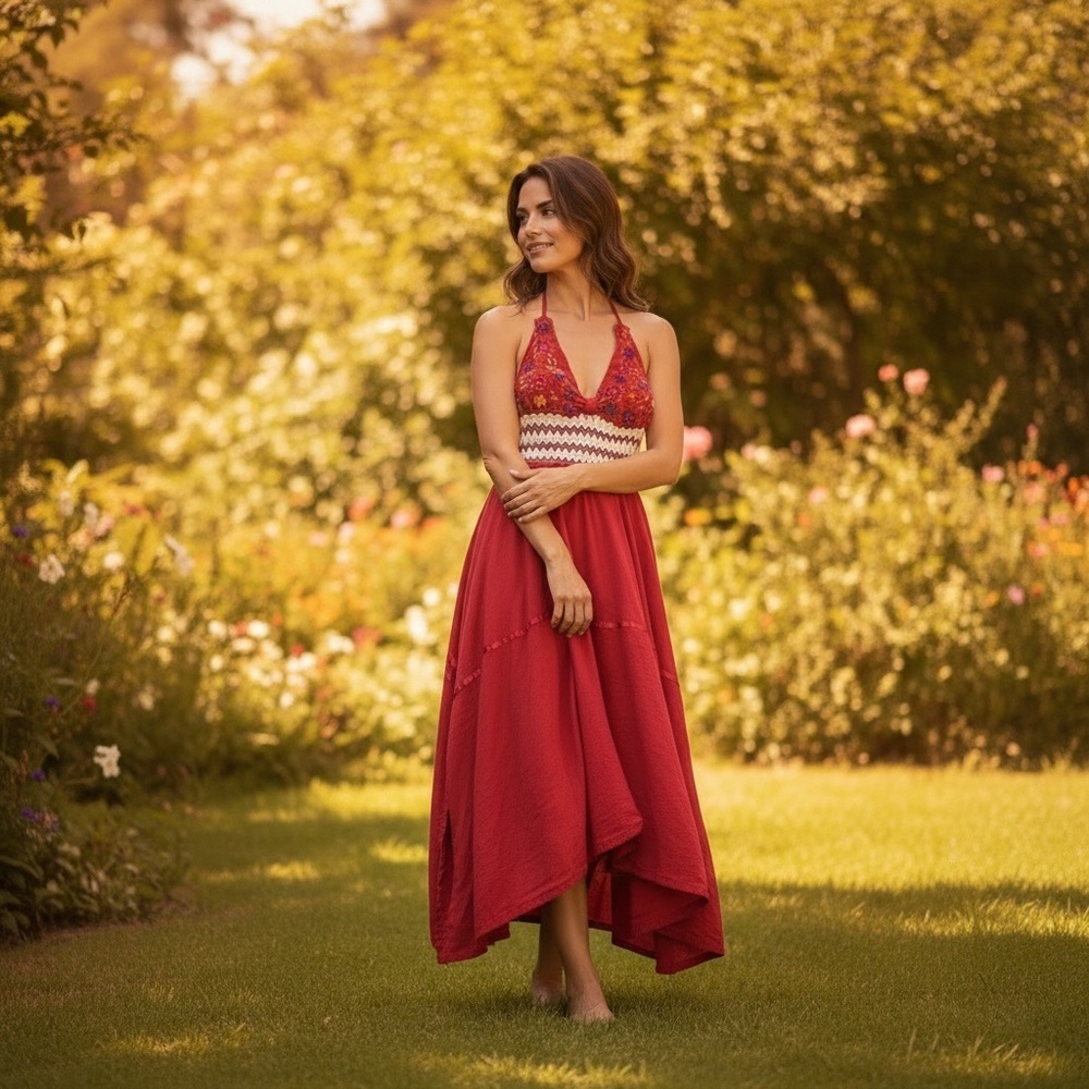 Mexican Style Red Halter Maxi Dress-Embroidered-Crochet Lace-Size Small